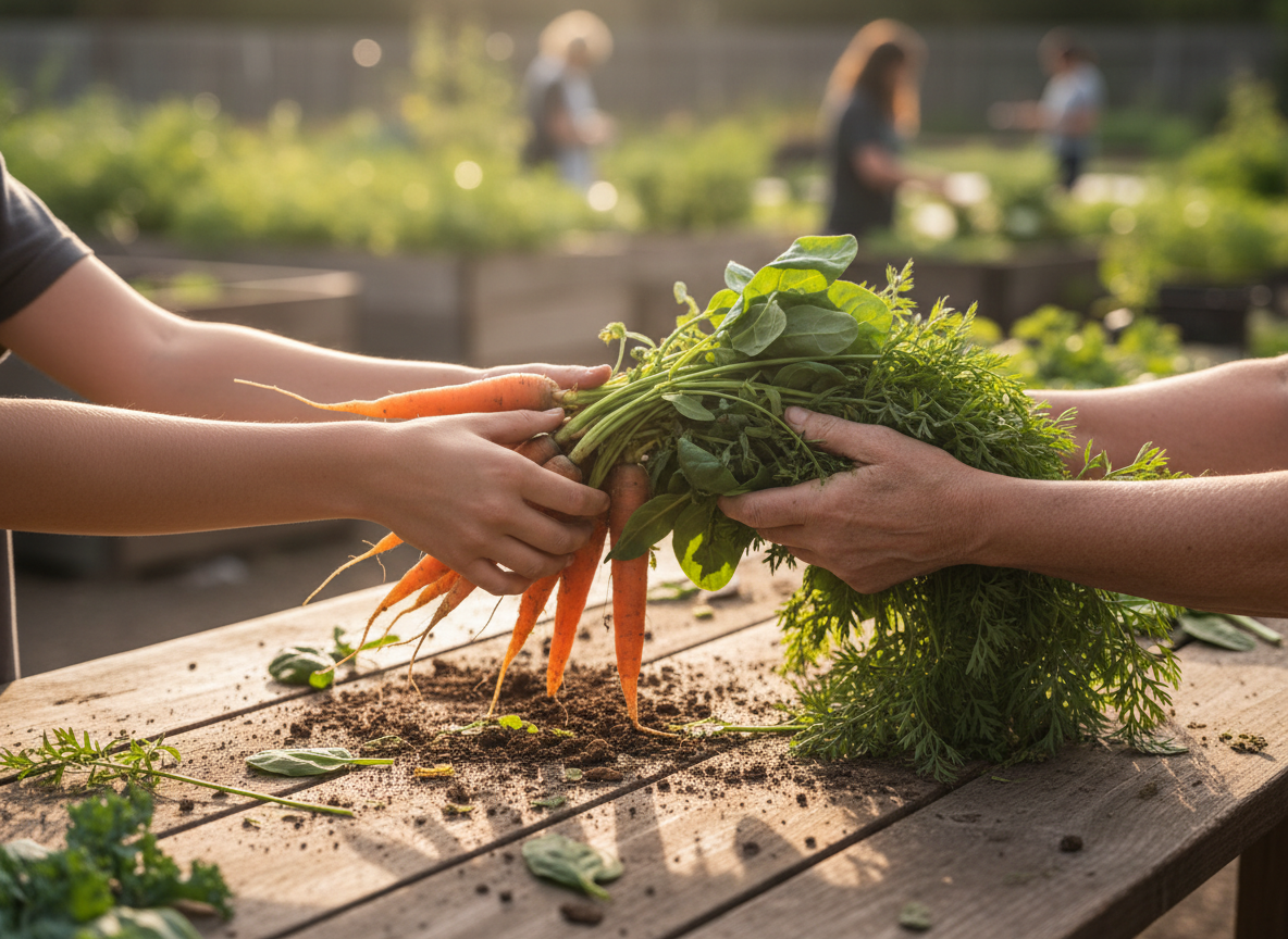 Close-up warm photograph of two pairs of soil-covered hands exchanging a bundle of freshly harvested carrots and leafy greens over a rustic wooden table