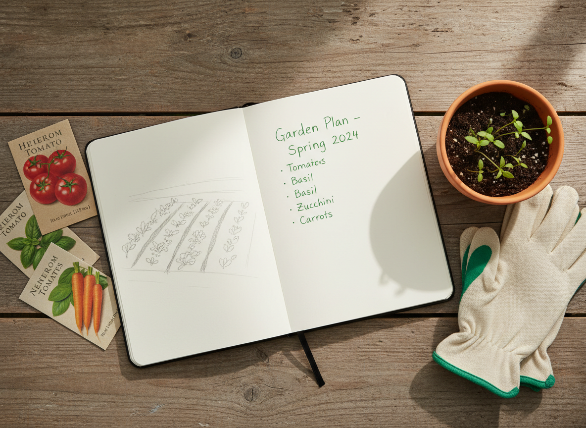 Overhead photograph of an open notebook, seed packets, a small terracotta pot with seedlings, and gardening gloves on weathered wood