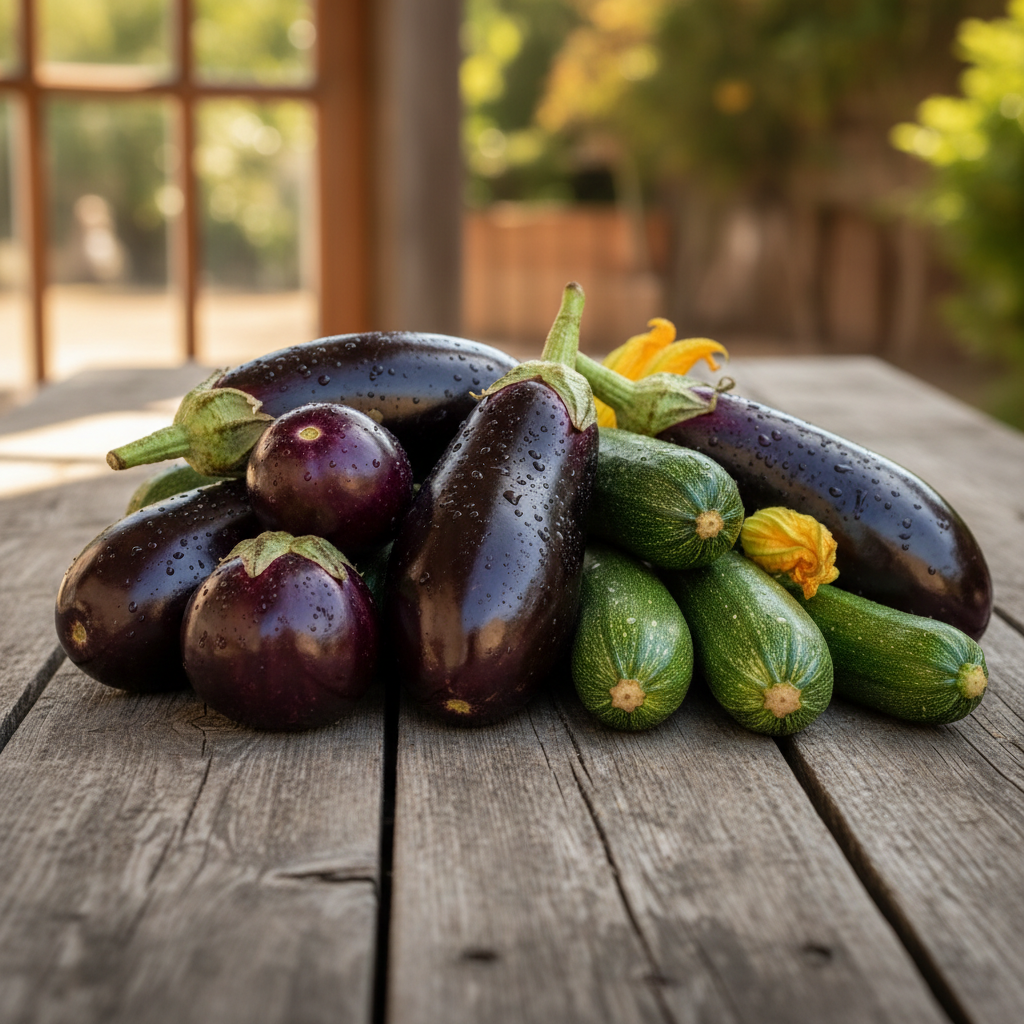 A vibrant, colourful close-up of fresh purple aubergines and green courgettes, glossy and rich in colour, with natural light on a rustic wooden surface