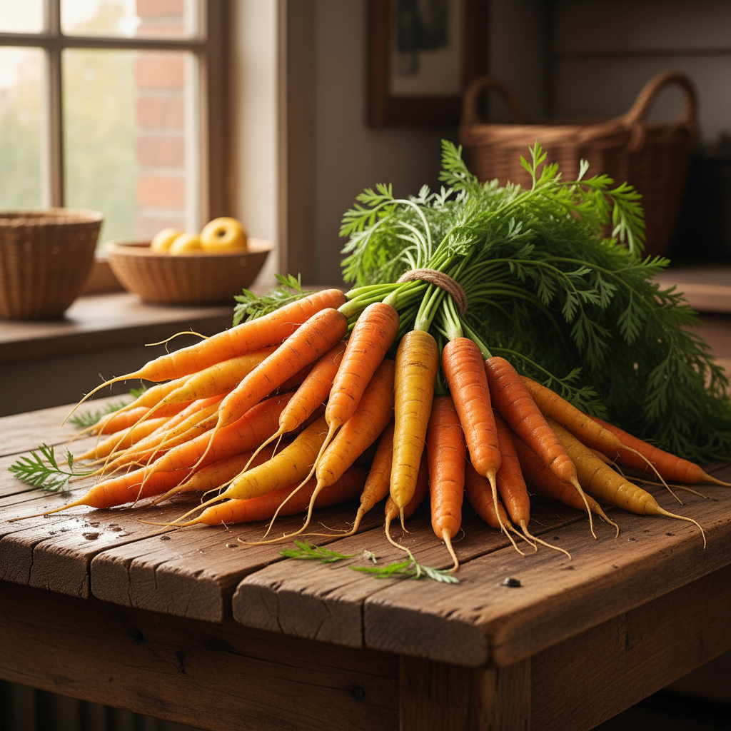 A vibrant, colourful display of freshly harvested orange and yellow carrots with their green tops, arranged on a wooden table in bright natural light
