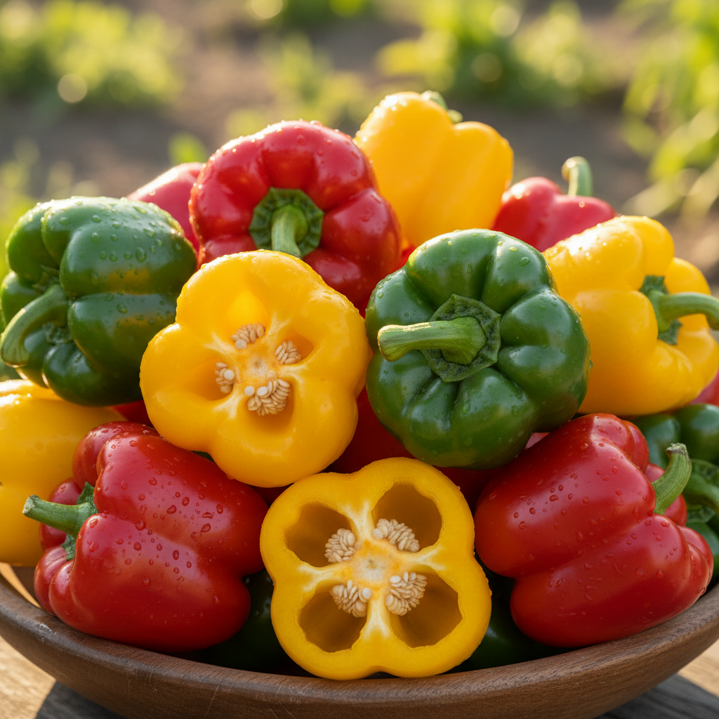 A vibrant, colourful close-up of bright red, yellow and green bell peppers piled together, glossy and vivid, in warm natural light