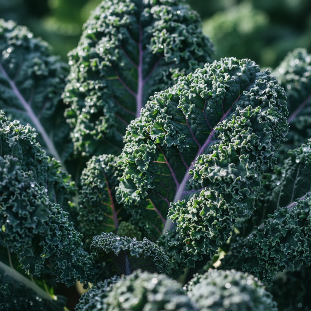 A vibrant, colourful close-up of fresh green and purple kale leaves, lush and textured, with droplets of water catching the light