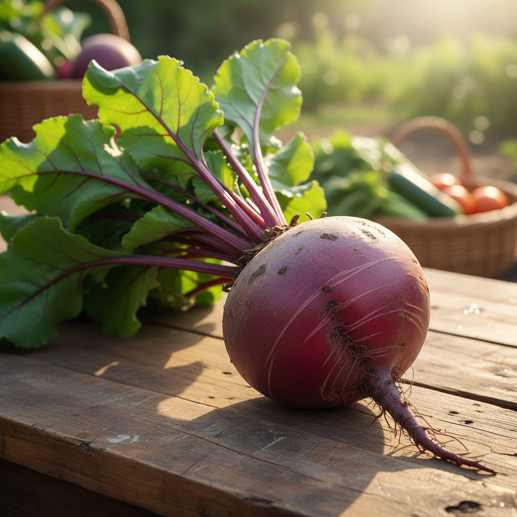 A vibrant, colourful close-up of a large fresh beetroot with its deep purple skin and bright green leaves, on a rustic wooden surface with natural light