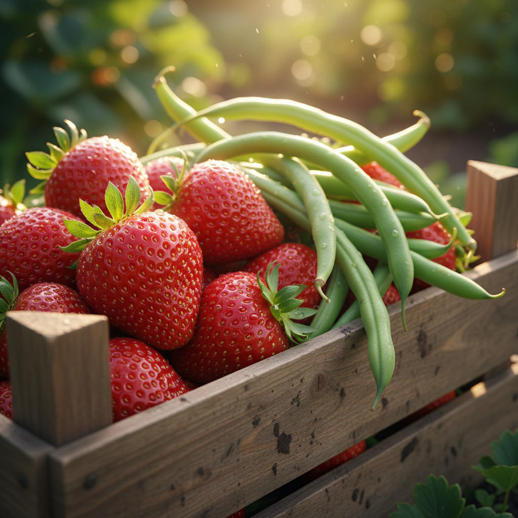 A vibrant, colourful close-up of bright red strawberries and green runner beans together in a rustic wooden crate, vivid and fresh in natural sunlight