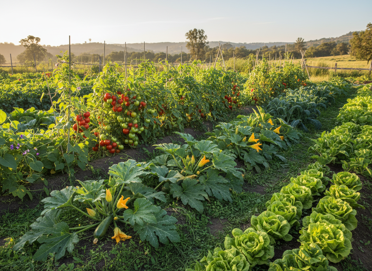 A lush, bountiful vegetable garden in full growth, overflowing with healthy vibrant vegetables — courgettes, tomatoes, beans, kale and lettuce, rich green foliage, warm natural sunlight