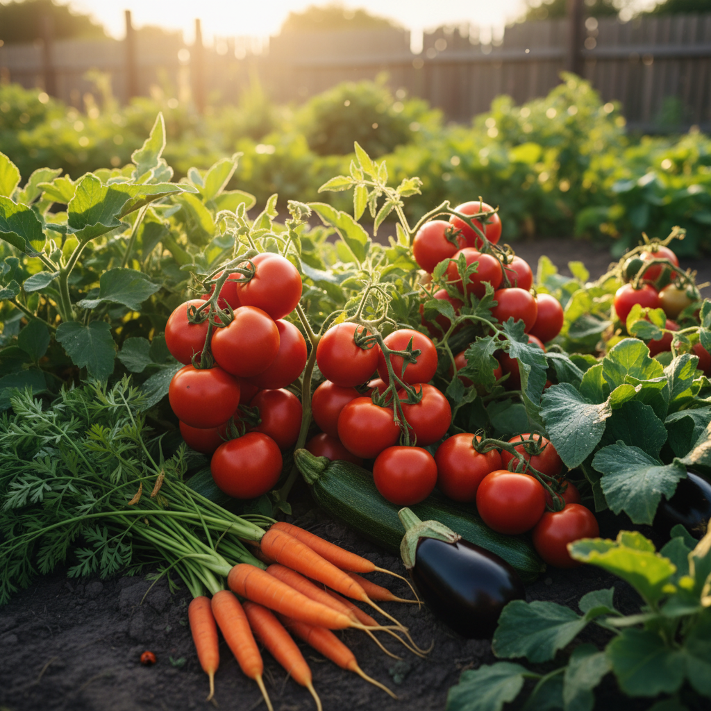 A close-up of a beautifully healthy and abundant allotment vegetable plot, with plump red tomatoes, bright orange carrots, deep green courgettes and purple aubergines, glowing in warm afternoon sunlight